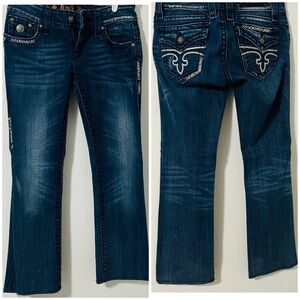 Rock Revival Jen Boot Jeans Sz 29 Faux Leather Embroidered Back Flap Pockets EUC